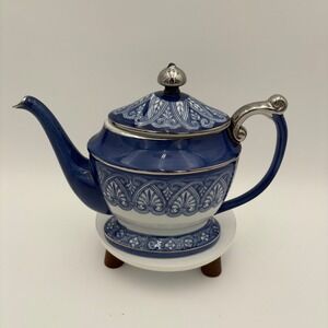 Bombay Blue White Silver Trim Ceramic Teapot Decorative VTG